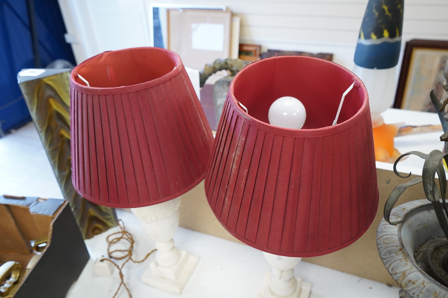 A pair of alabaster table lamps and shades, 56cm total